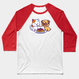 Cute Couple Cat And Pug Dog Eating Spaghetti Together Cartoon Baseball T-Shirt